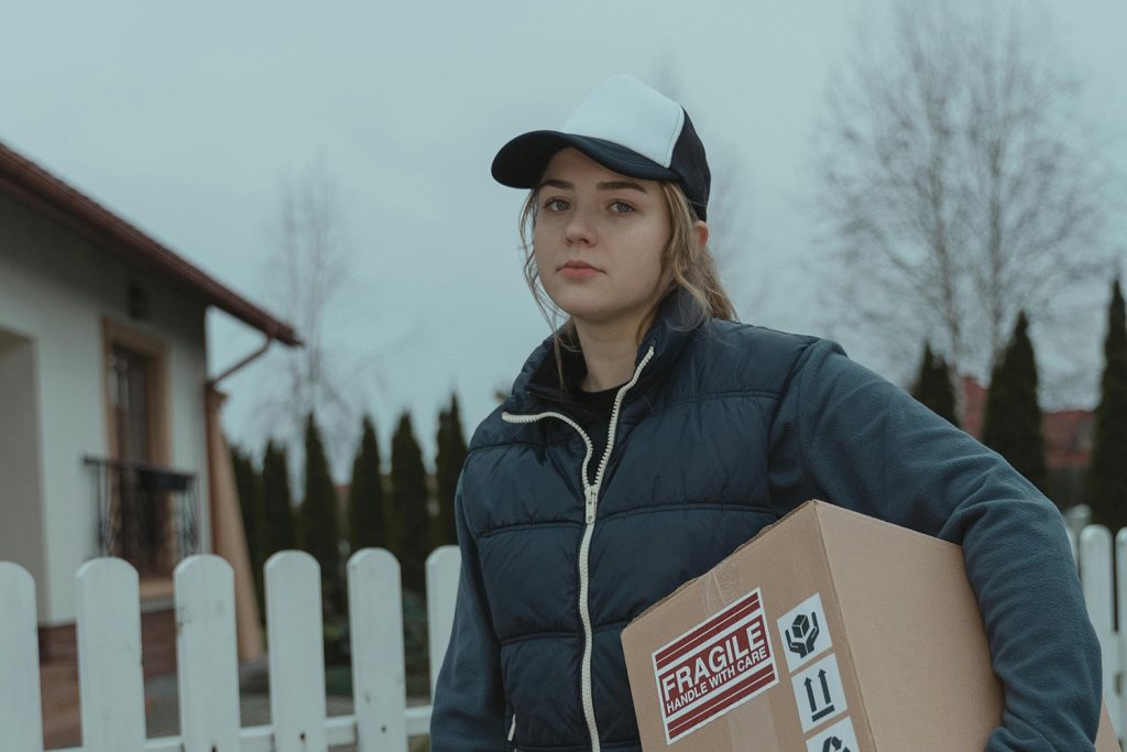 A woman holding packages outside the house